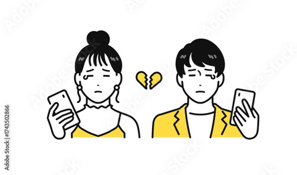 Fototapeta スマホを持って泣く若い男女のアイコンイラスト