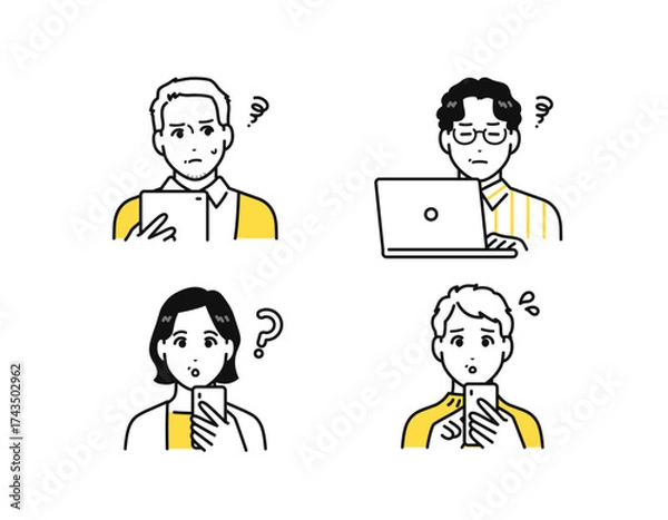 Fototapeta スマートフォン タブレット パソコン トラブル 中年男女 アイコン