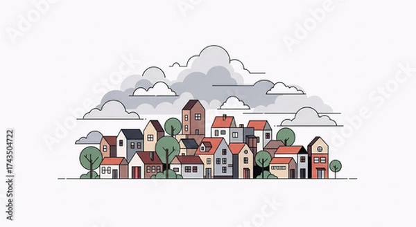 Fototapeta Minimalist Vector Illustration of a Peaceful Village with Colorful Houses, Trees, and Cloudy Sky