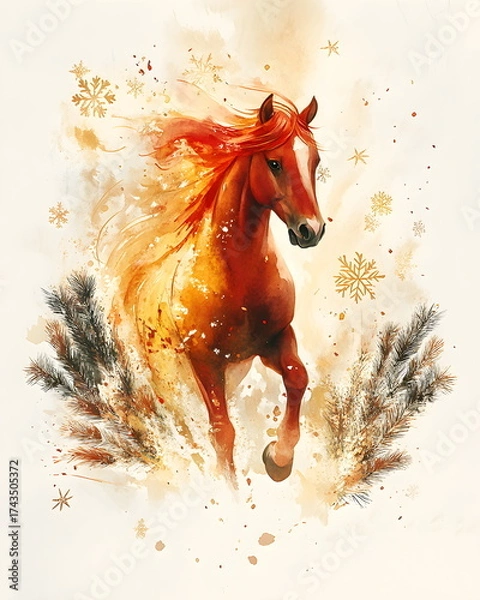 Fototapeta Watercolor illustration of a fiery red horse with flowing mane and tail painted like soft flames, surrounded by snowflakes, pine twigs, and golden stars, in warm festive tones of red, beige, and gold.