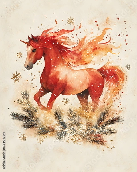 Fototapeta Watercolor illustration of a fiery red horse with flowing mane and tail painted like soft flames, surrounded by snowflakes, pine twigs, and golden stars, in warm festive tones of red, beige, and gold.
