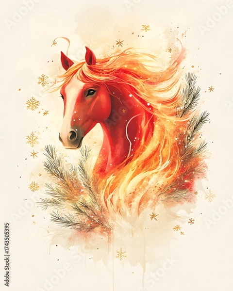 Fototapeta Watercolor illustration of a fiery red horse with flowing mane and tail painted like soft flames, surrounded by snowflakes, pine twigs, and golden stars, in warm festive tones of red, beige, and gold.