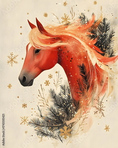 Fototapeta Watercolor illustration of a fiery red horse with flowing mane and tail painted like soft flames, surrounded by snowflakes, pine twigs, and golden stars, in warm festive tones of red, beige, and gold.