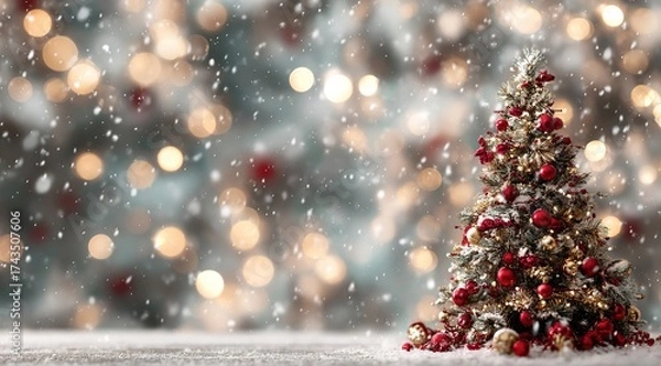 Obraz close-up of a christmas tree with red and golden ornaments, with a blurred background of snowflakes falling on the dark pine branches. a concept for a new year's eve celebration.