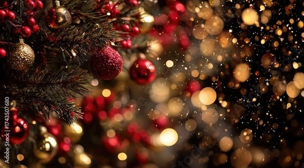 Obraz close-up of a christmas tree with red and golden ornaments, with a blurred background of snowflakes falling on the dark pine branches. a concept for a new year's eve celebration.