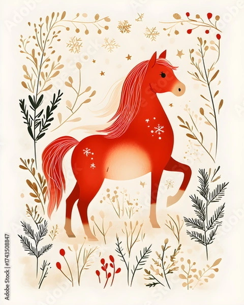 Fototapeta Fiery red horse sticker symbolizing the New Year, with flowing mane and tail like soft flames, surrounded by snowflakes, pine twigs, and golden stars, warm festive tones of red, gold, and beige, cozy 
