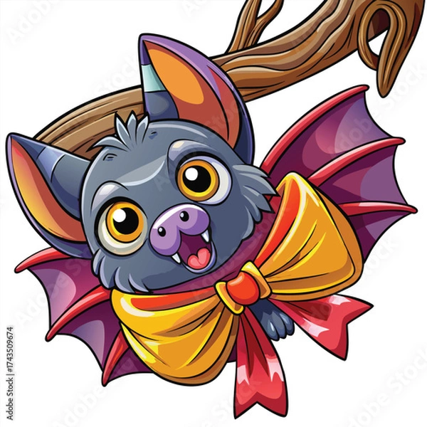Obraz Vector art of cute cartoon bat hanging from a branch with a yellow bow