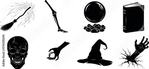 Fototapeta Vector art of assortment of dark halloween symbols including skull, broom, hat, and book