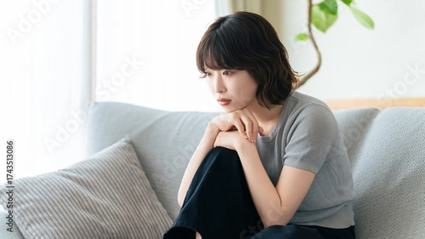 Fototapeta リビングのソファに座って考えごとをする女性