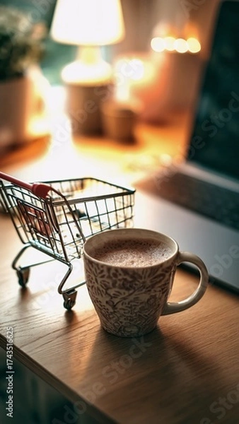 Fototapeta Shopping cart beside a steaming mug and open laptop on a wooden desk, evoking cozy, convenient home online shopping and remote work moments in warm ambient light