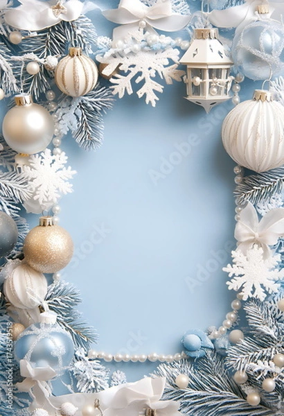 Fototapeta Blue and white Christmas photo frame with lanterns, ribbons, pearls, gold balls, snowflakes, and pine branches, elegant festive border on a soft blue background, large blank central area, high-resolut