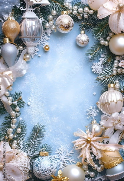 Fototapeta Blue and white Christmas photo frame with lanterns, ribbons, pearls, gold balls, snowflakes, and pine branches, elegant festive border on a soft blue background, large blank central area, high-resolut