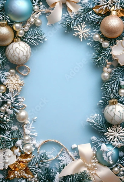 Fototapeta Blue and white Christmas photo frame with lanterns, ribbons, pearls, gold balls, snowflakes, and pine branches, elegant festive border on a soft blue background, large blank central area, high-resolut