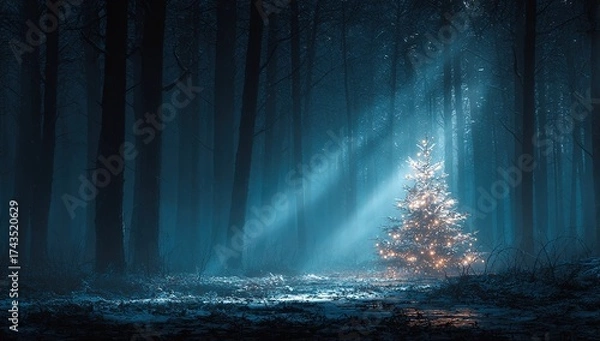 Obraz a christmas tree, illuminated with lights, stands in the center of an empty winter forest at night. a soft glow emanates from it, creating a magical atmosphere. 