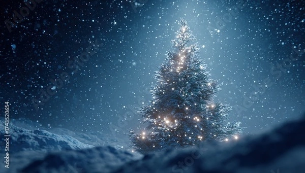 Obraz a christmas tree, illuminated with lights, stands in the center of an empty winter forest at night. a soft glow emanates from it, creating a magical atmosphere. 