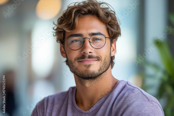 Fototapeta Portrait of a man with curly hair and glasses smiling softly in a casual setting indoors light