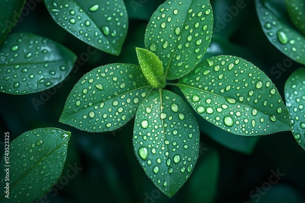 Fototapeta Close up of green leaves covered in water droplets after a rain shower in a garden setting