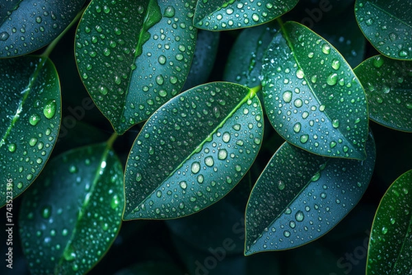 Obraz Close up of vibrant green leaves covered in water droplets after a refreshing rain shower outdoors