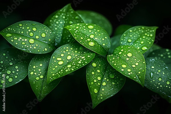 Fototapeta Close up of vibrant green leaves covered in water droplets against a dark blurred background