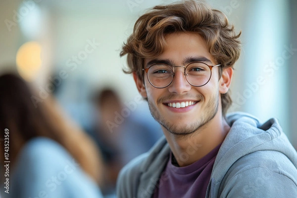 Fototapeta A smiling young man with glasses and a hoodie in a bright indoor setting portrait style shot close up