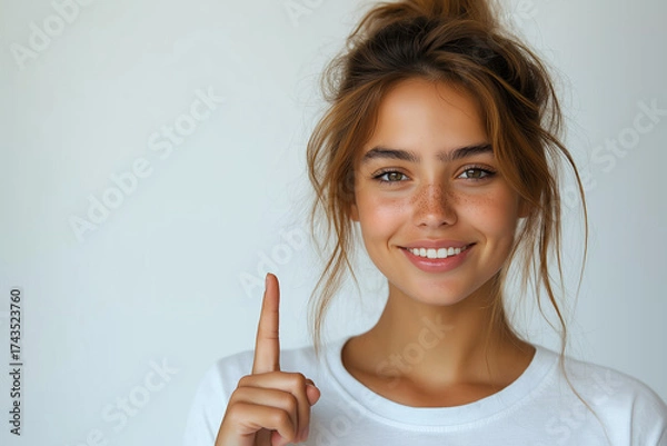 Fototapeta A smiling woman with brown hair in a messy bun pointing upwards against a white background wall space