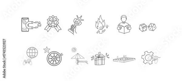 Fototapeta gamification icons with standard grey lines and white background