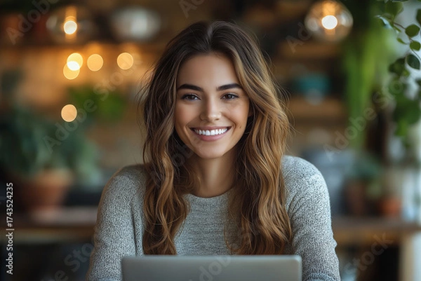 Obraz Portrait of a smiling woman with wavy brown hair in a gray sweater using a laptop indoors at a cafe