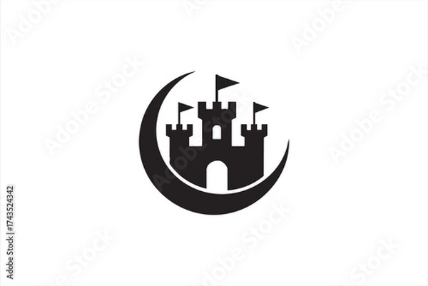 Fototapeta Minimalist castle and moon vector icon symbolizing fantasy and fairytale themes.