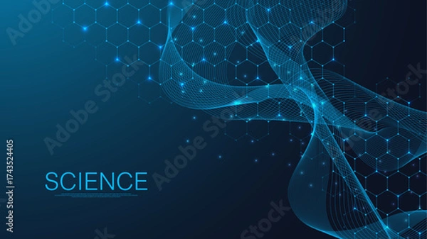 Fototapeta Molecular abstract structure and genetic engineering DNA. Healthcare and medicine background concept. Scientific research background. Wave flow. Innovation pattern. Vector illustration.