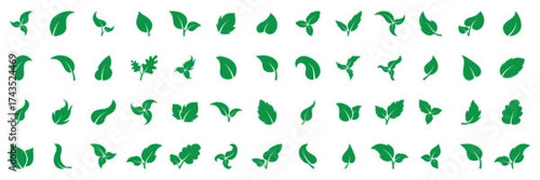 Fototapeta Green leaves icons set isolated on white background vector illustration. Vegan, tree, plant, fresh, energy and healthy nutrition concept. Leaf vector icons. Eco leaf logo. Simple linear leaves of tree