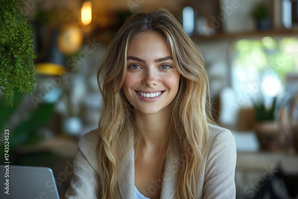 Obraz Portrait of a smiling woman with blonde hair wearing a blazer in a bright indoor setting