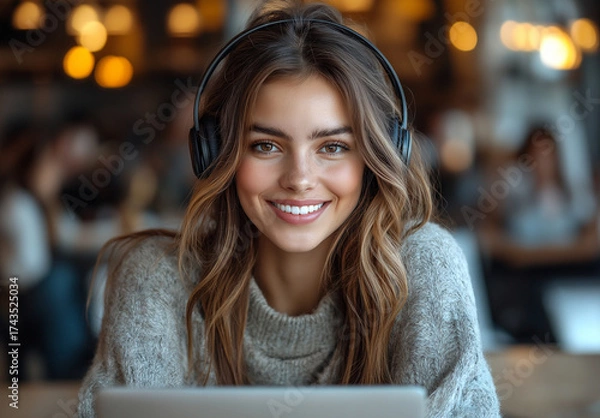 Fototapeta Portrait of a smiling woman with headphones wearing a gray sweater in a cafe setting indoors