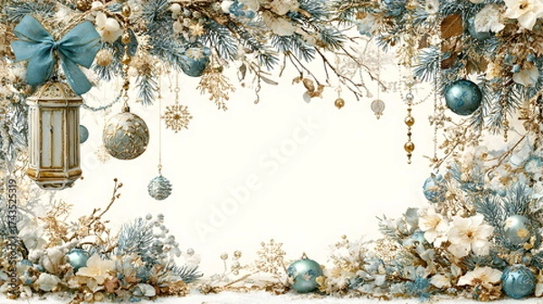 Fototapeta Elegant Christmas photo frame with lantern, blue bow, ribbons, snowflakes, pearls, and golden ornaments on a white background. Soft pastel colors, pine branches, cozy festive mood, photorealistic high