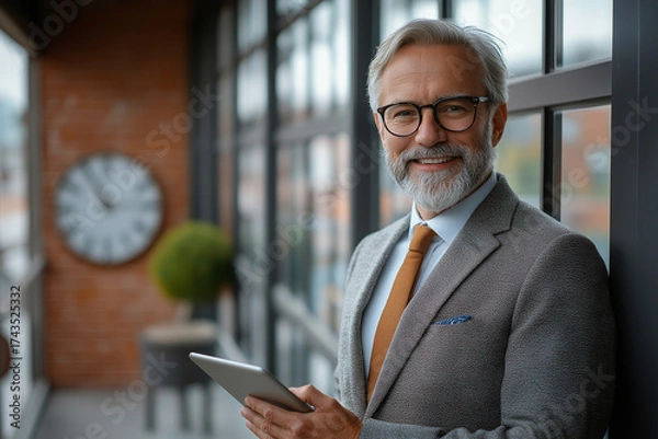 Fototapeta Portrait of a mature businessman holding a tablet and smiling by a window in a modern office space