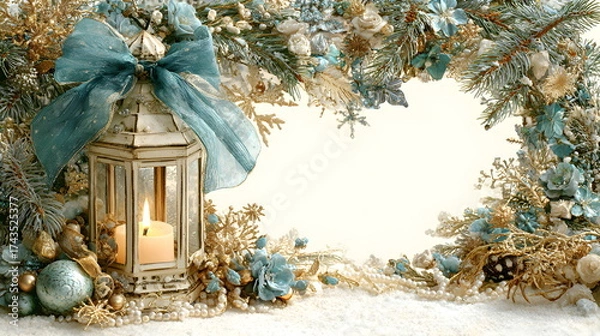 Fototapeta Elegant Christmas photo frame with lantern, blue bow, ribbons, snowflakes, pearls, and golden ornaments on a white background. Soft pastel colors, pine branches, cozy festive mood, photorealistic high