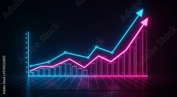 Fototapeta Neon futuristic financial chart glowing upward, 3D lines forming stock graph, cyberpunk-style dark background with geometric grid patterns, bright blue and pink neon lighting, cinematic light reflecti