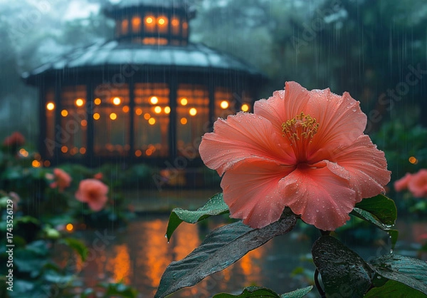Fototapeta A pink hibiscus flower in the rain with a gazebo and lights in the background reflecting in water
