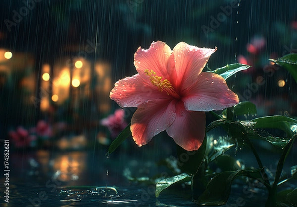 Fototapeta A pink hibiscus flower blooming in the rain with blurred lights in the background at nighttime