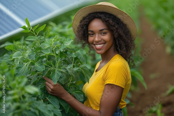 Obraz A smiling woman in a yellow shirt and straw hat stands next to lush green plants in a field of crops