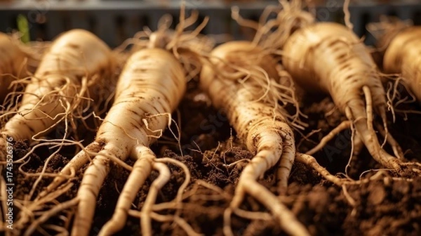 Fototapeta Ginseng: Traditional Herbal Supplement for Energy & Immunity – Korean, American Varieties. Used in Teas, Extracts, Capsules. Natural, Premium Options for Daily Wellness.