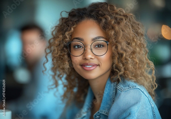 Obraz Portrait of a smiling young woman with curly hair and glasses wearing a denim jacket indoors looking at camera