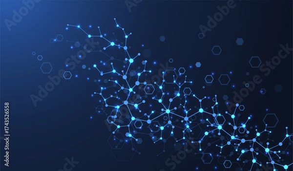 Fototapeta Molecular abstract structure and genetic engineering DNA. Healthcare and medicine background concept. Scientific research background. Wave flow. Innovation pattern. Vector illustration.