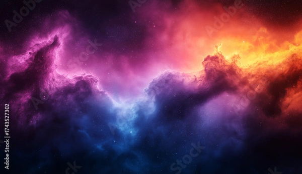 Fototapeta A vibrant nebula with colors ranging from blue and purple to orange and yellow in a cloudy formation