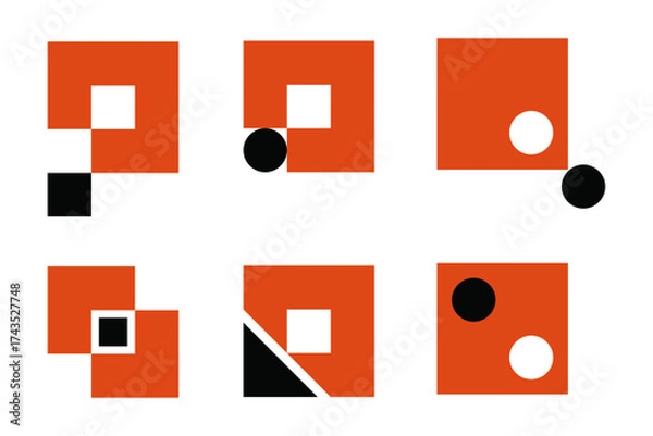 Obraz Collection of six modern abstract geometric symbols in orange and black perfect for corporate branding, logo design, and contemporary graphic projects. vector illustration.
