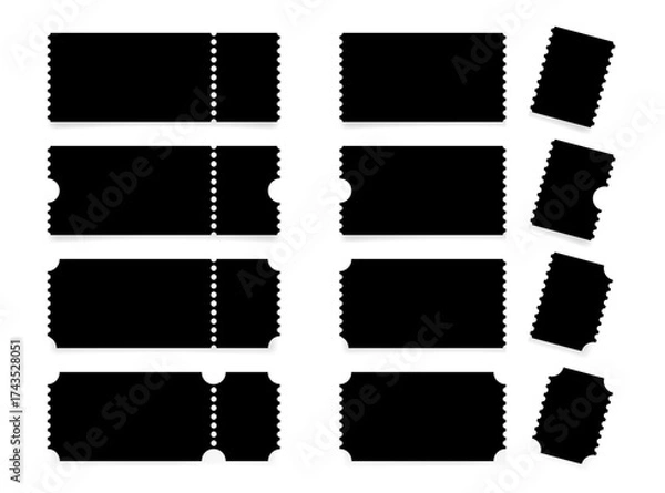 Fototapeta Set of black ticket mockups with ruffle edges and shadows. Ticket with the control part torn off. Ticket stub	