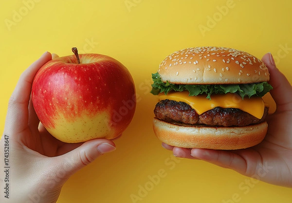 Fototapeta Hands holding a red apple and a cheeseburger against a bright yellow colored background surface