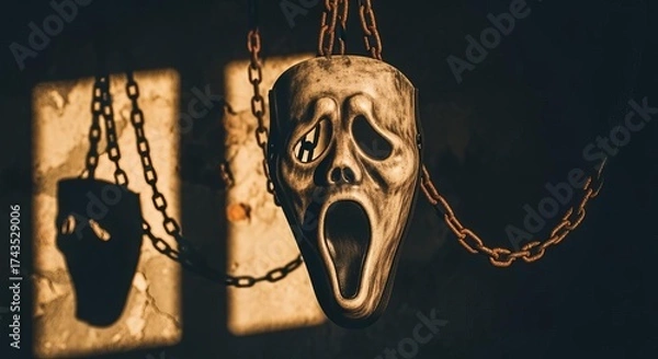 Obraz Dramatic Screaming Mask on Rusty Chain in Dark Shadows