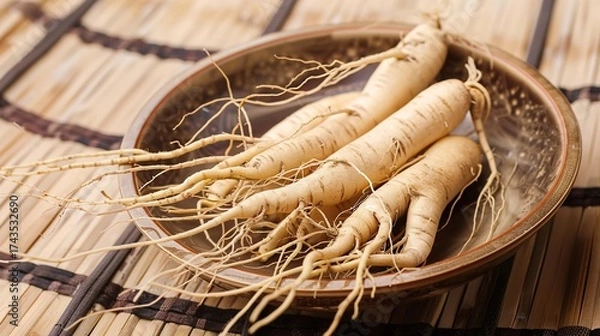 Fototapeta Ginseng: Traditional Herbal Supplement for Energy & Immunity – Korean, American Varieties. Used in Teas, Extracts, Capsules. Natural, Premium Options for Daily Wellness.