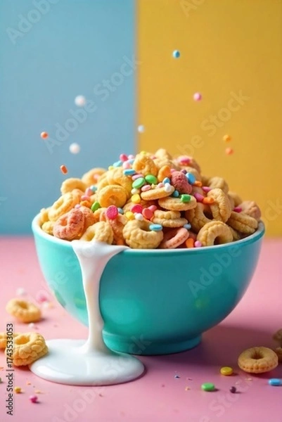 Fototapeta Colorful Cereal Bowl Overflowing with Rainbow Sprinkles, a Delightful and Playful Breakfast Scene, Milk Spilled, Delicious Morning Meal