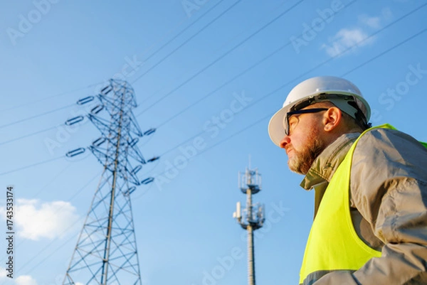 Fototapeta 5G mobile communications control tower. Electrical engineer maintaining power lines against a blue sky.